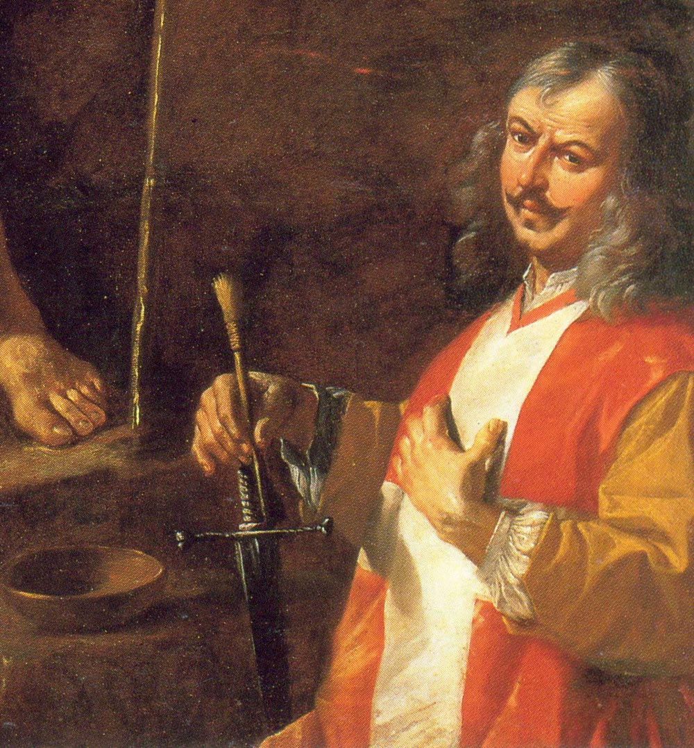 Mattia Preti, Autoritratto, dettaglio della Predica del Battista (1684 circa; olio su tela, Taverna, San Domenico)
