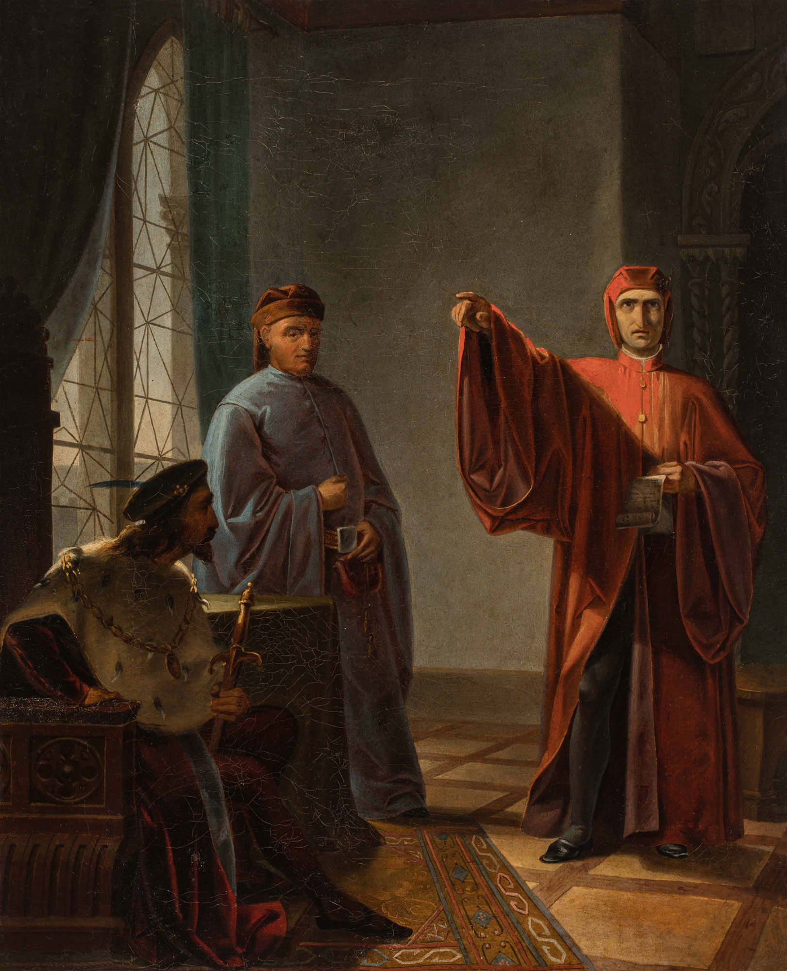 Luigi Melche, Dante legge la Divina Commedia alla corte degli Scaligeri (1864; olio su tela, 44 × 36 cm; Padova, Museo d’Arte Medievale e Moderna, inv. 1209)
