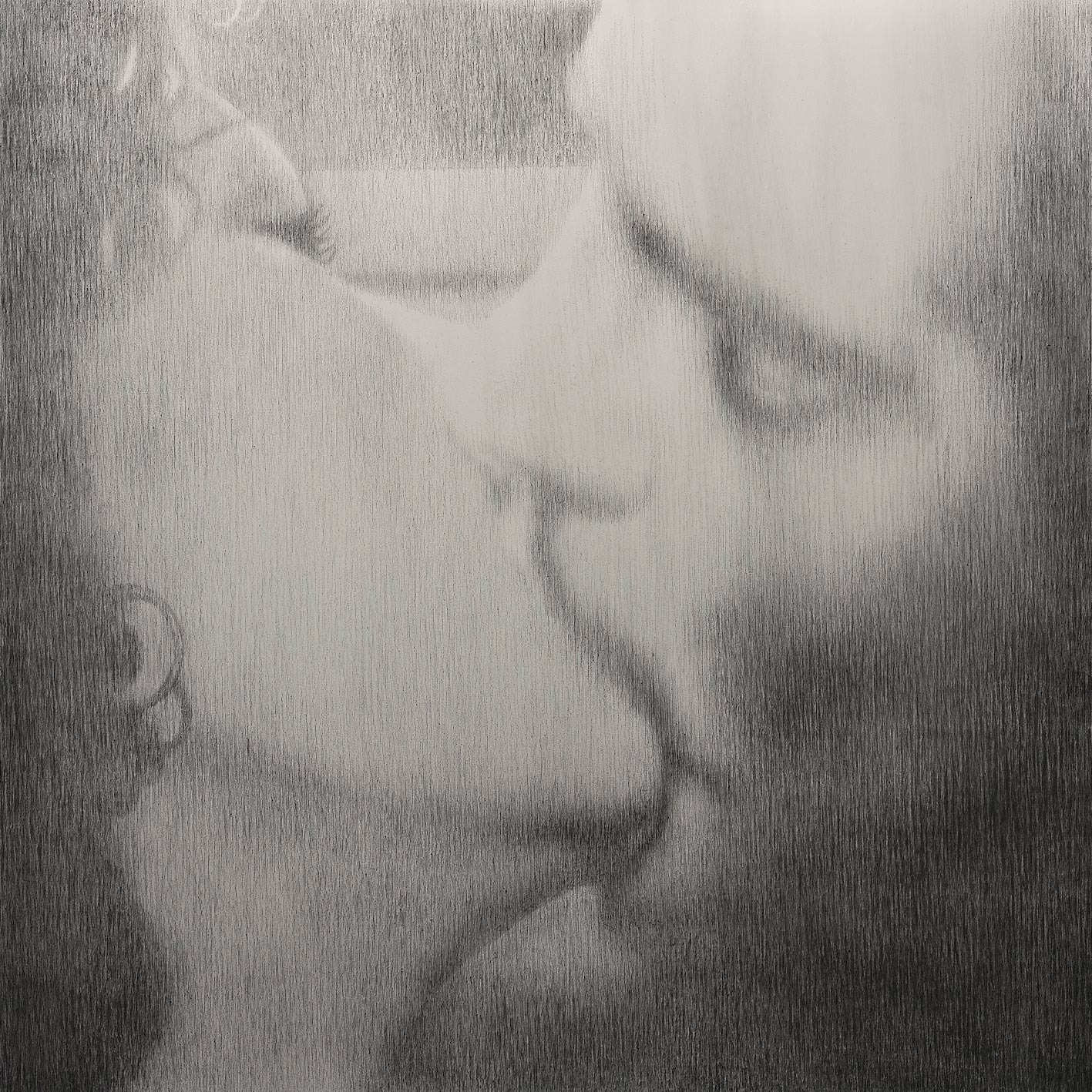 Omar Galliani, Baci rubati / Covid-19 #1 (2020; carboncino e grafite su tela, 100 x 100 cm)
