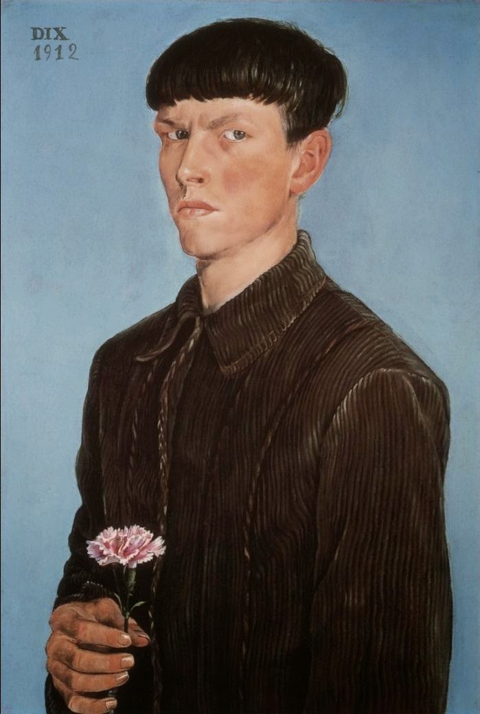 Otto Dix, Autoritratto con garofano (1912; olio su carta montato su tavola, 73,7 x 49,5 cm; Detroit, Detroit Institute of Arts)
