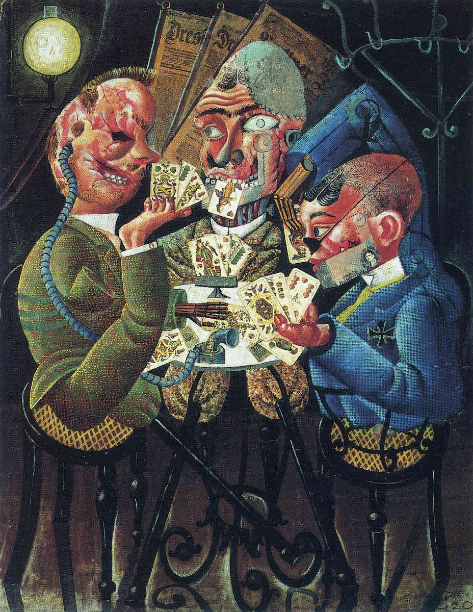 Otto Dix, Invalidi di guerra giocano a carte (1920; olio e collage su tela, 110 x 87 cm; Berlino, Neue Nationalgalerie)
