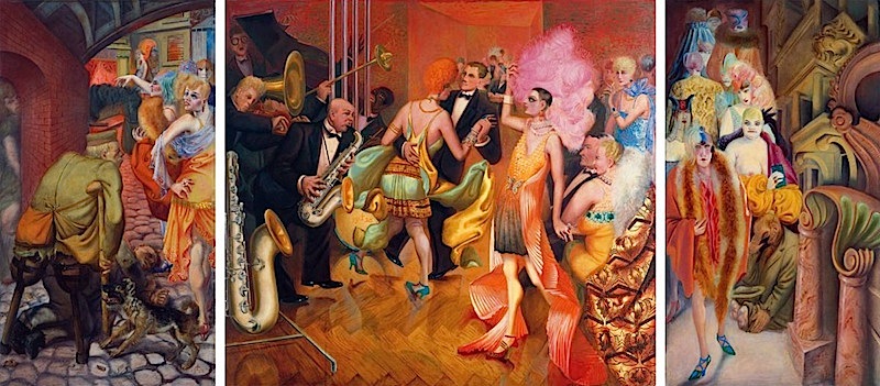 Otto Dix, Trittico della Metropoli (1927-1928; tecnica mista su tavola, 181 x 402 cm; Stoccarda, Kunstmuseum)
