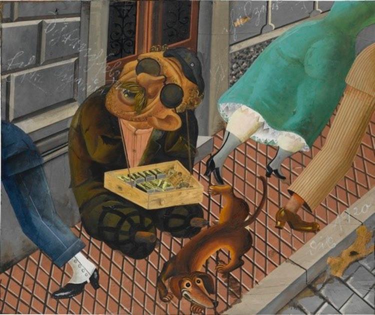 Otto Dix, Il venditore di fiammiferi (1920; olio e collage su tela, 141,5 x 166 cm; Stoccarda, Staatsgalerie)
