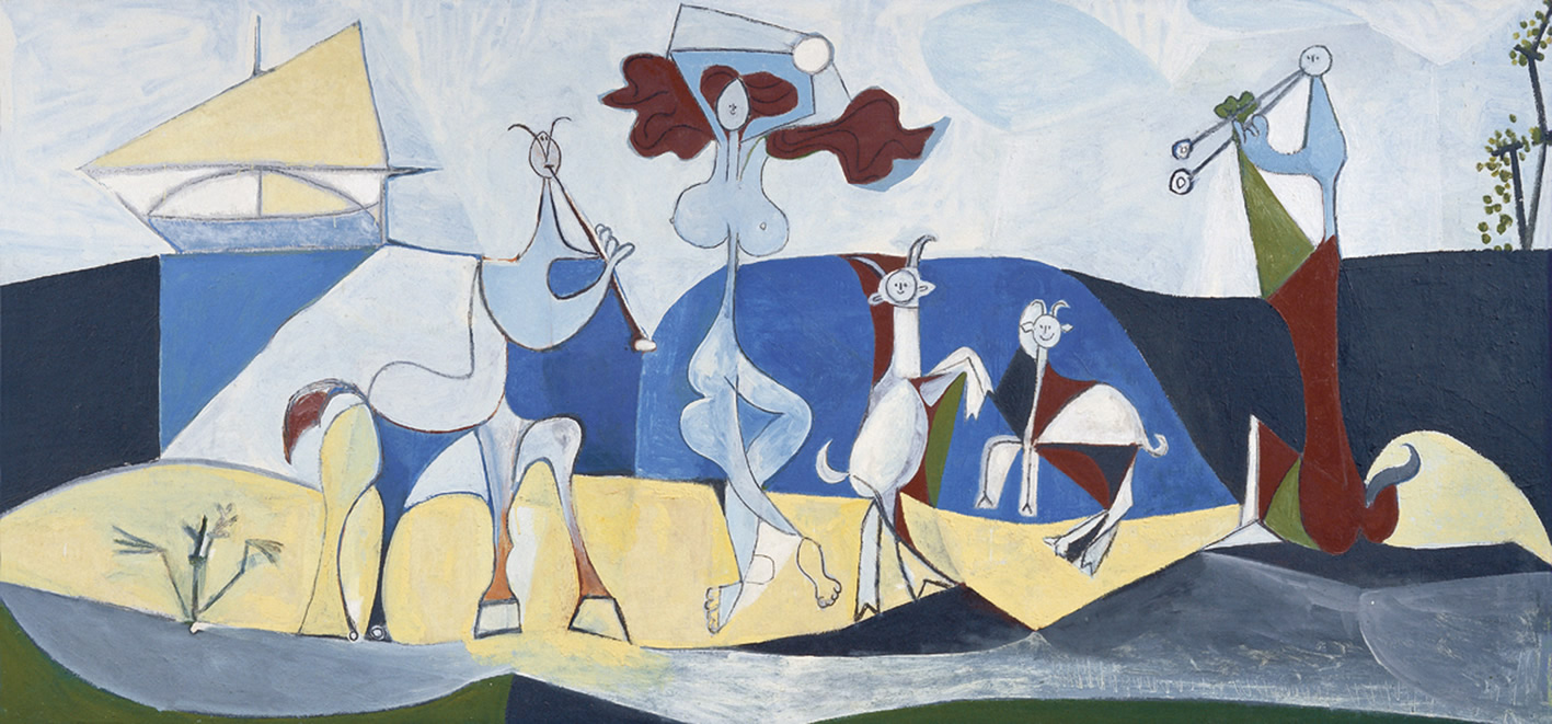 Pablo Picasso, La joie de vivre (1946-1948; smalto e carboncino su fibrocemento, 120 x 250 cm; Antibes, Musée Picasso)

