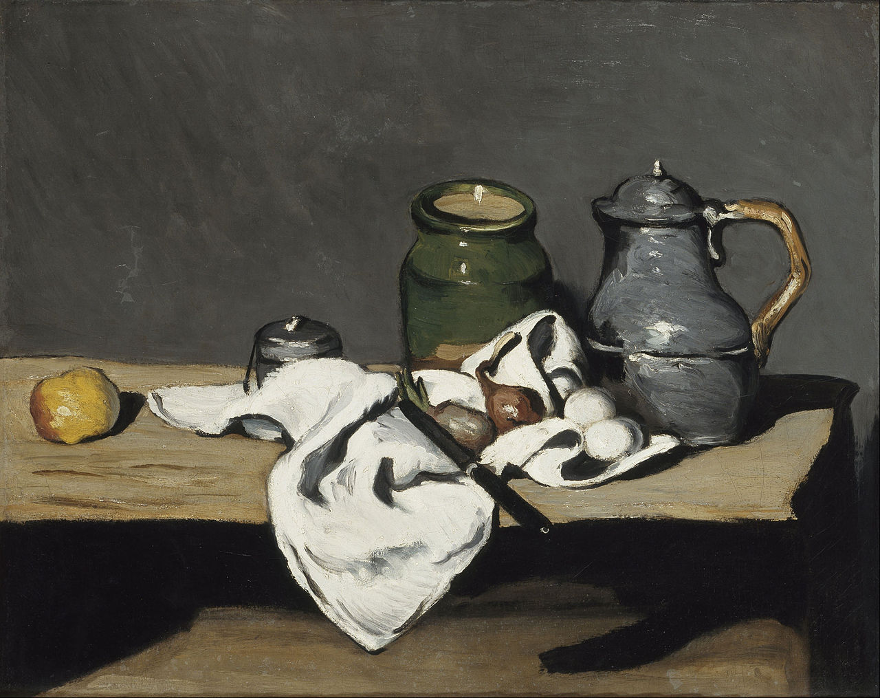 Paul Cézanne, Vaso, Caffettiera e frutta (Natura morta in bianco e nero) (1867-1869; olio su tela, 64 x 81 cm; Parigi, Musée d'Orsay)
