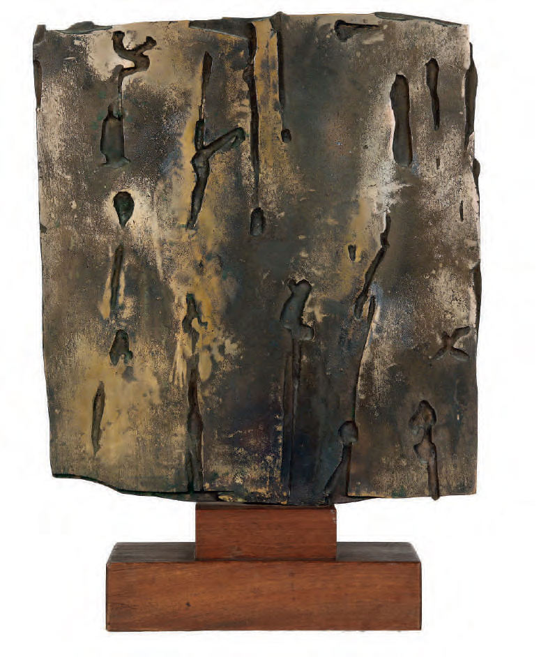 Pietro Consagra, Oracolo di Chelsea Hotel (1960; bronzo, 39,5 x 36 x 2 cm; Lecce, Fondazione Biscozzi Rimbaud)
