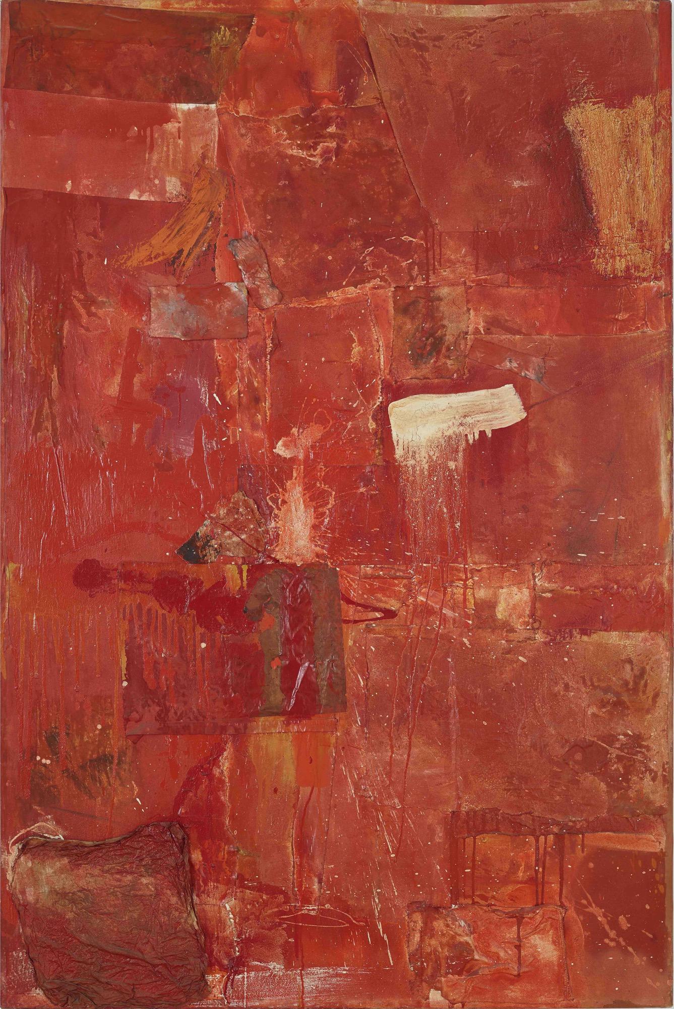 Robert Rauschenberg, Red painting (1954; pittura a olio, tessuto e giornale su tela, 194,3 x 129,5 cm; Los Angeles, Frederick R. Weisman Art Foundation)
