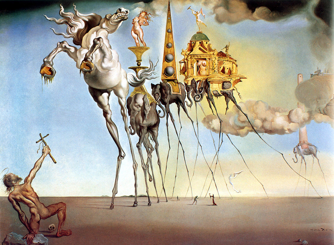 Salvador Dalí, Tentazioni di sant’Antonio (1946; olio su tela, 90 x 120 cm; Bruxelles, Musées Royaux des Beaux-Arts)