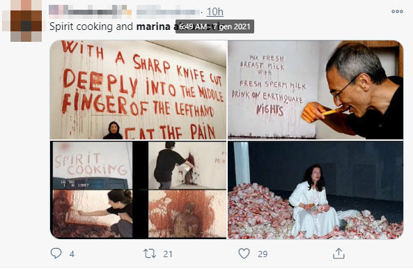 Tweet di un seguace di QAnon la mattina del 7 gennaio, contro le opere di Marina Abramović
 Tweet di un seguace di QAnon la mattina del 7 gennaio, contro le opere di Marina Abramović