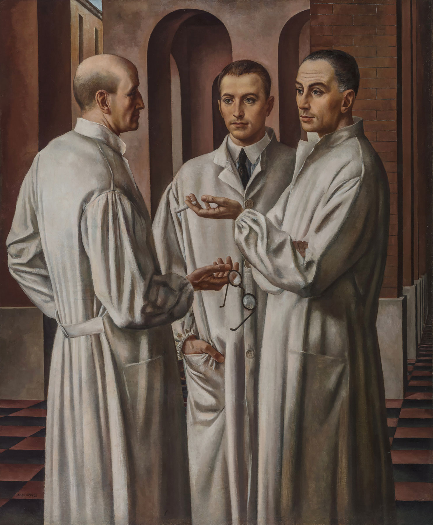 Ubaldo Oppi, I tre chirurghi (1926; olio su tela; Vicenza, Museo Civico di Palazzo Chiericati)
