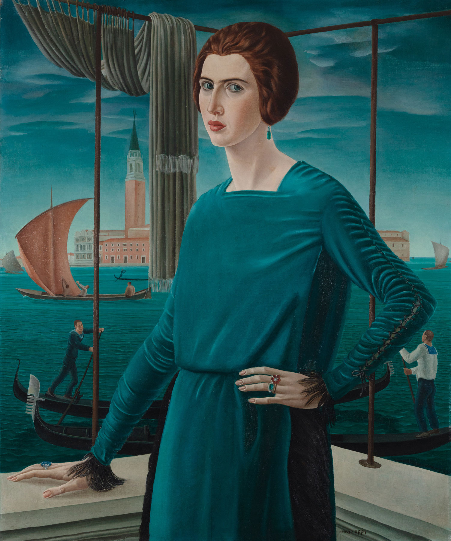 Ubaldo Oppi, Ritratto della moglie sullo sfondo di Venezia (1921; olio su tela; Rovereto, Mart, Museo di arte moderna e contemporanea di Trento e Rovereto)
