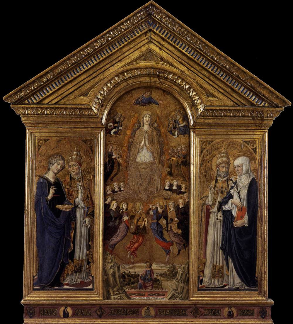 Vecchietta, Assumption of the Madonna between Saints Agatha, Pius, Callisto, and Catherine of Siena (1462-1463; tempera on panel, 280 x 225 cm; Pienza, Cathedral)