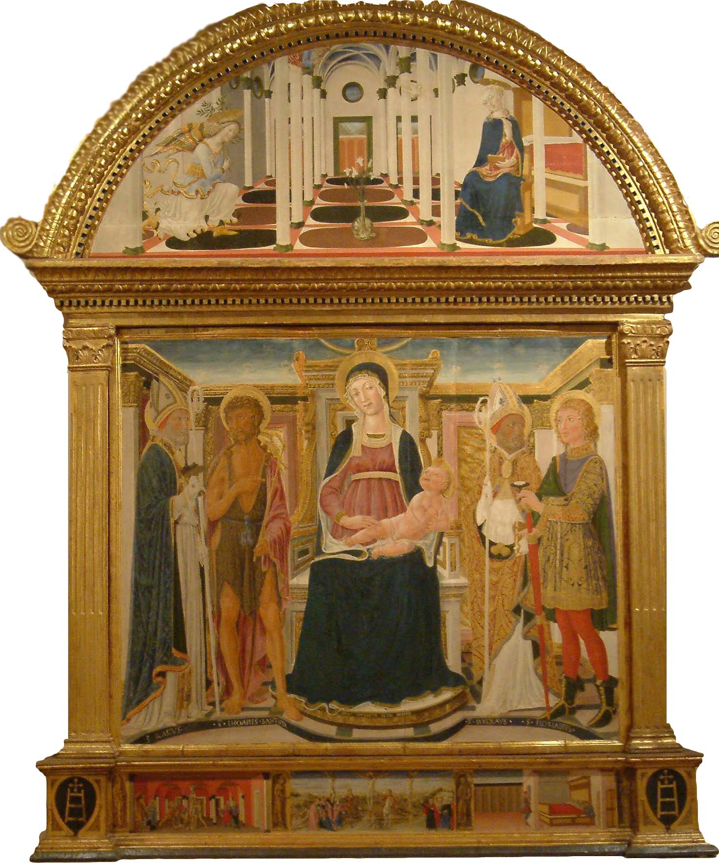 Vecchietta, Madonna col Bambino in trono tra i santi Biagio, Giovanni Battista, Nicola e Floriano (1460-1462; tempera su tavola; Pienza, Museo Diocesano - Borgia Palace)