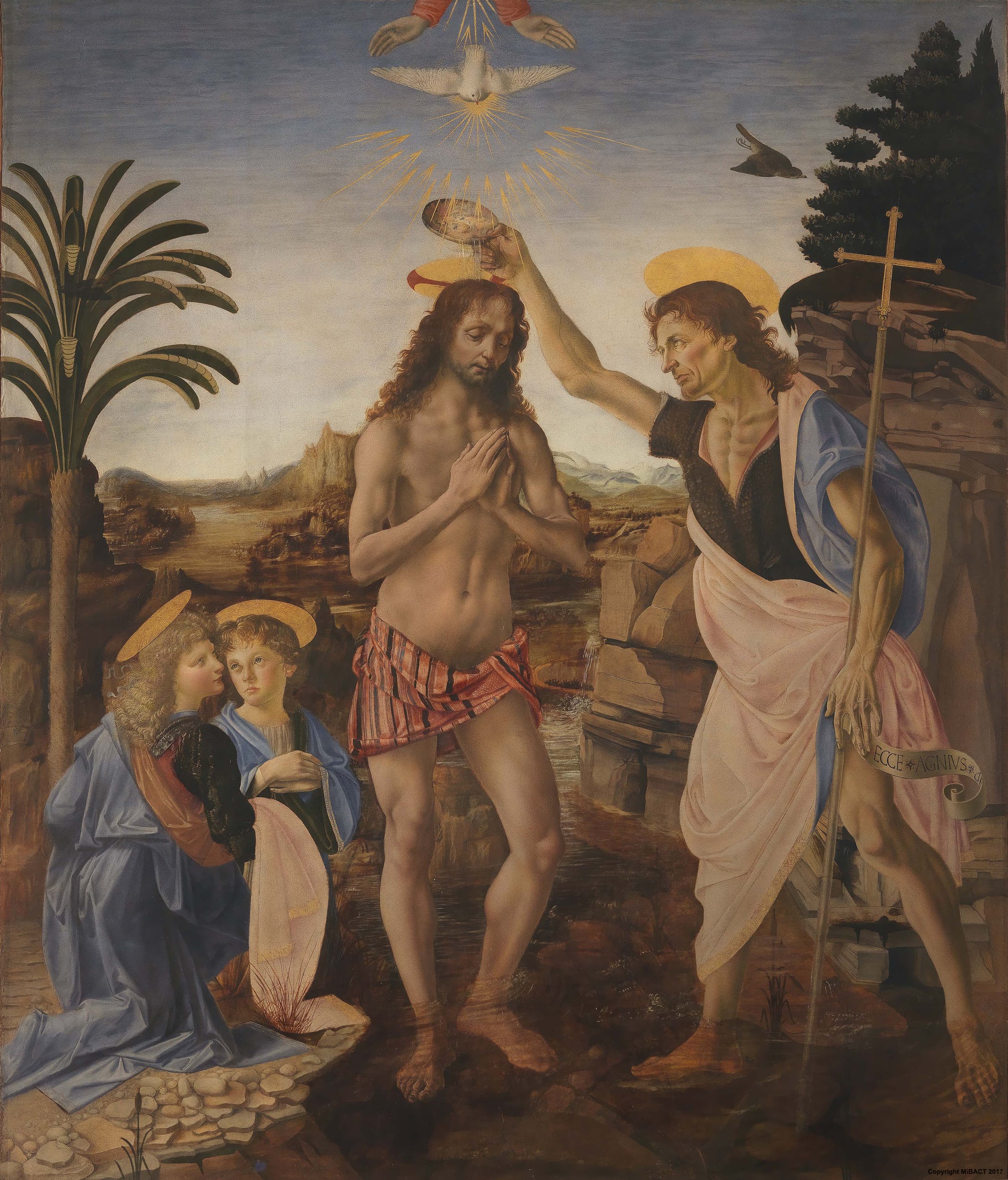 Verrocchio e Leonardo da Vinci, Battesimo di Cristo (1475-1478 circa; tempera e olio su tavola, 177 x 151 cm; Firenze, Uffizi)