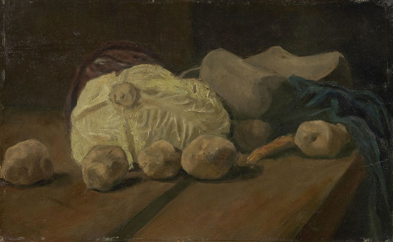 Vincent van Gogh, Natura morta con cavolo e zoccoli (novembre-dicembre 1881; olio su tela, 34,5 x 55 cm; Amsterdam, Van Gogh Museum) Vincent van Gogh, Natura morta con cavolo e zoccoli (novembre-dicembre 1881; olio su tela, 34,5 x 55 cm; Amsterdam, Van Gogh Museum)
