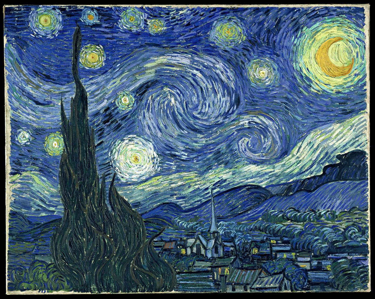 Vincent van Gogh, Notte stellata (giugno 1889; olio su tela, 73,7 x 92,1 cm; New York, Museum of Modern Art) Vincent van Gogh, Notte stellata (giugno 1889; olio su tela, 73,7 x 92,1 cm; New York, Museum of Modern Art)