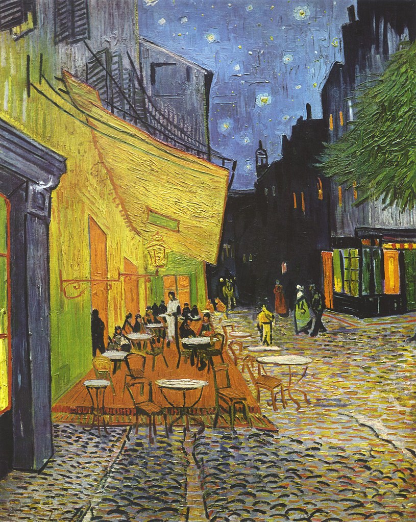 Vincent van Gogh, Terrazza del caffè la sera, Place du Forum, Arles (16 settembre 1888; olio su tela, 80,7 x 65,3 cm; Otterlo, Kröller-Müller Museum) Vincent van Gogh, Terrazza del caffè la sera, Place du Forum, Arles (16 settembre 1888; olio su tela, 80,7 x 65,3 cm; Otterlo, Kröller-Müller Museum)
