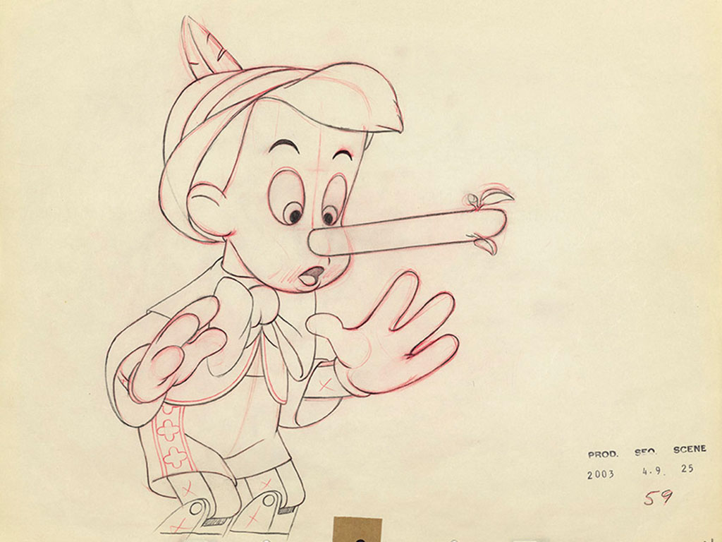 Ollie Johnston, Pinocchio, Disegno definitivo per l’animazione (1940; Grafite e matita colorata su carta)
 
Ollie Johnston, Pinocchio, Disegno definitivo per l’animazione (1940; Grafite e matita colorata su carta)