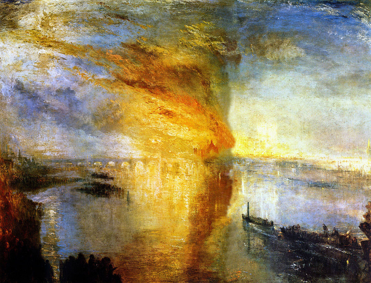 Joseph Mallord William Turner, L’incendio alla Camera dei Lord e dei Comuni (1835; 92,5 x 123 cm, olio su tela; Cleveland, Cleveland Museum of Art)
