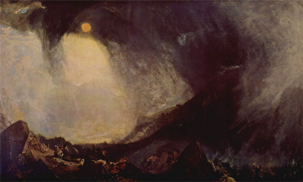 Joseph Mallord William Turner, Tormenta di neve: Annibale e il suo esercito attraverso le Alpi (1812; olio su tela, 146 x 273.5 cm; Londra, Tate Gallery)
