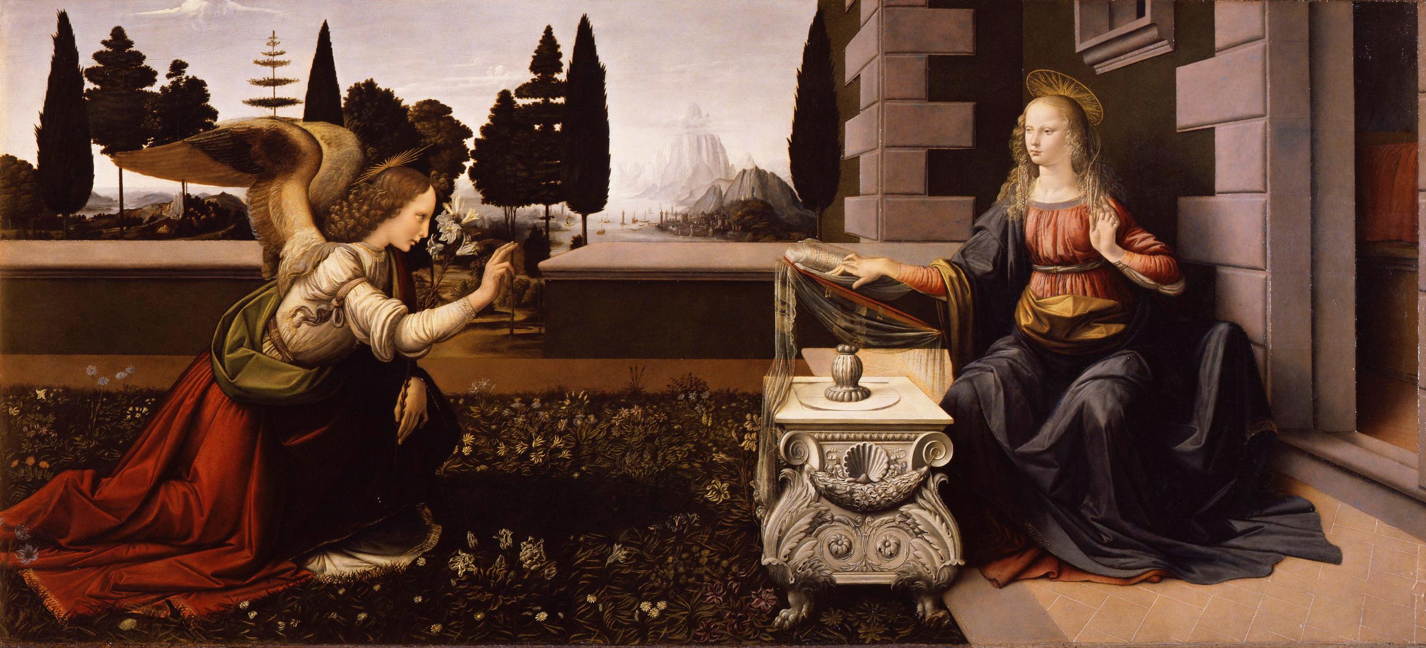 Leonardo da Vinci, Annunciation (c. 1472; oil on panel, 90 x 222 cm; Florence, Uffizi Gallery, inv. 1890 no. 1618)