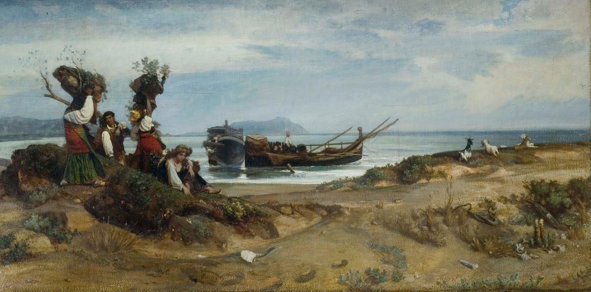 Nino Costa, Donne che imbarcano legna nel porto di Anzio (1852; olio su tela, 73 x 147 cm; Roma, Galleria Nazionale dÂ’Arte Moderna e Contemporanea, inv. 1232)

