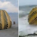 Giappone, danneggiata da un tifone la gigantesca zucca di Yayoi Kusama sul molo di Naoshima