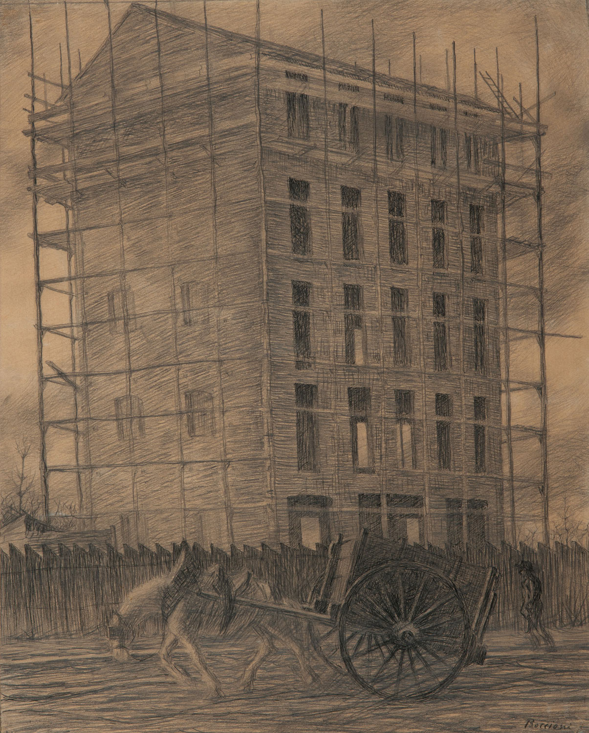 Umberto Boccioni, Casa in costruzione (1910 circa; matita su carta, 49,2 x 40 cm; Tortona, Museo Il Divisionismo)
