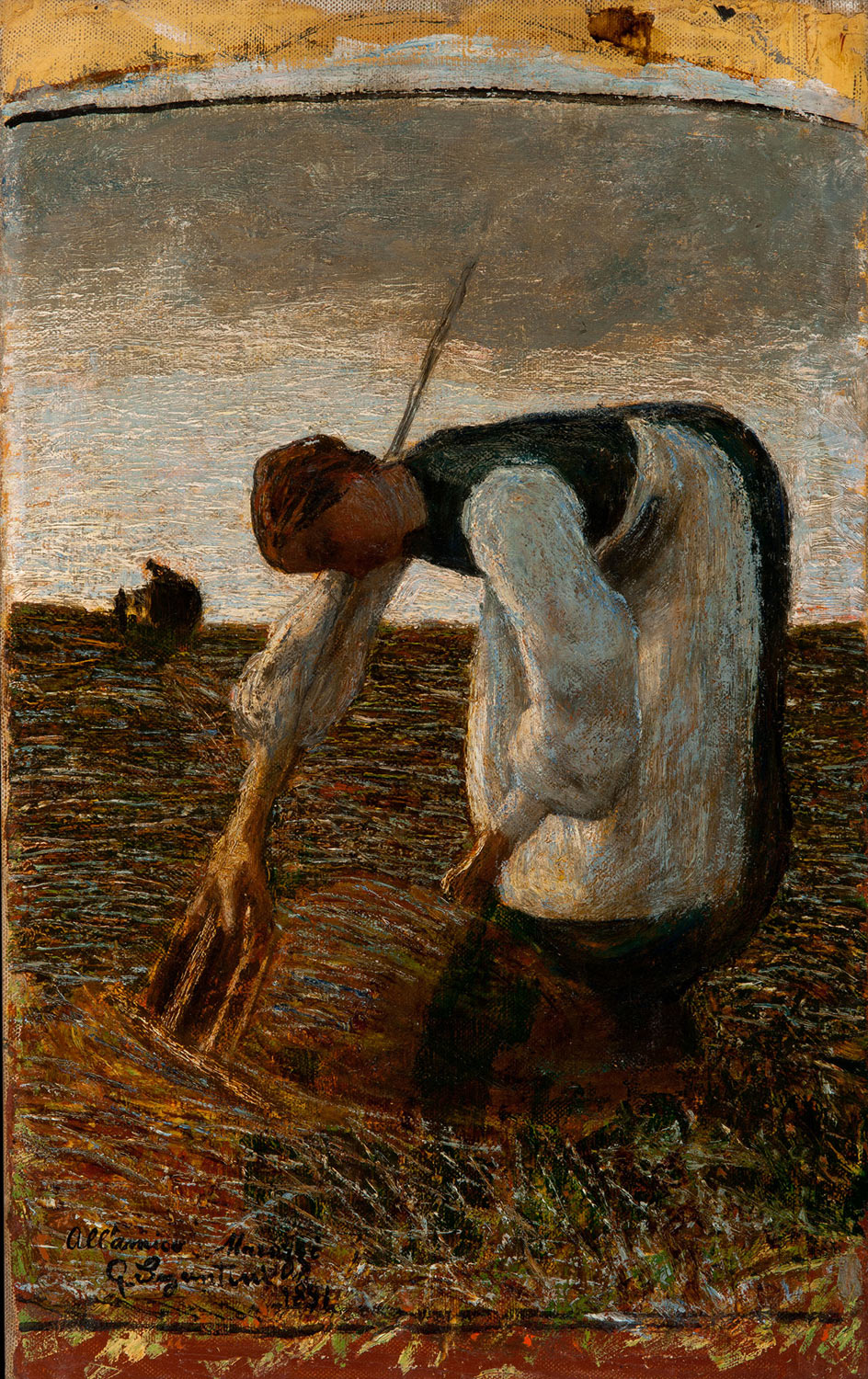 Giovanni Segantini, La raccolta del fieno (1891; olio su tela, 56,7 x 35,3 cm; Tortona, Museo Il Divisionismo)
