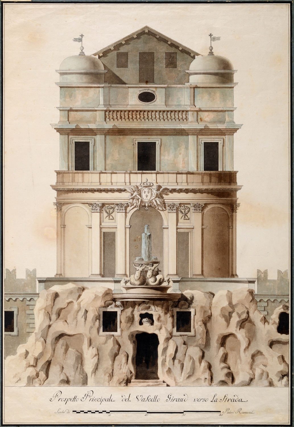 Anonimo disegnatore di Casa Giraud, Piante, sezioni e prospetti della villa del Vascello (1792-1810; penna, inchiostro nero e acquerello su carta, misure massime, 727 x 509 mm; Roma, Museo di Roma, Gabinetto delle Stampe)
