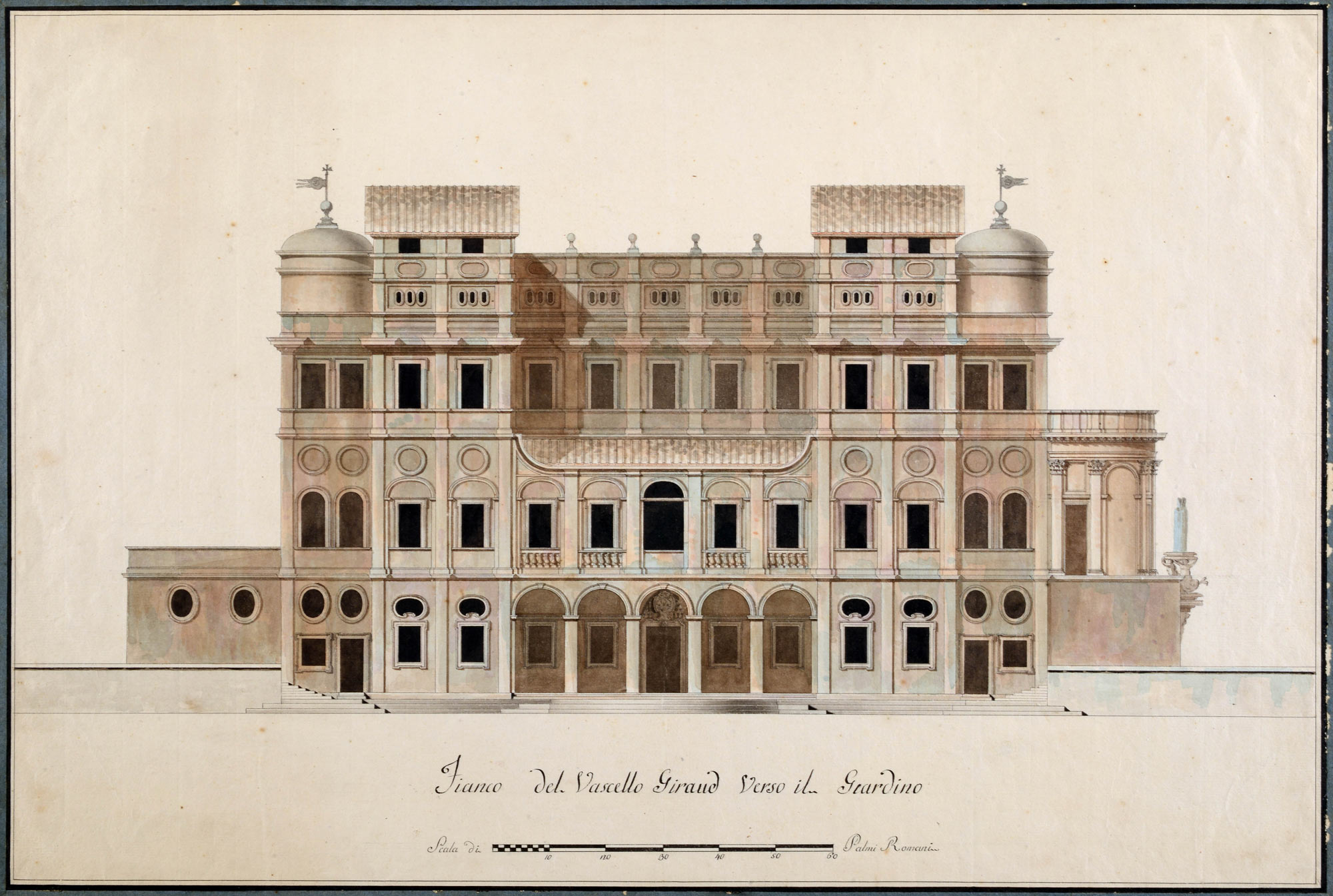 Anonimo disegnatore di Casa Giraud, Piante, sezioni e prospetti della villa del Vascello (1792-1810; penna, inchiostro nero e acquerello su carta, misure massime, 727 x 509 mm; Roma, Museo di Roma, Gabinetto delle Stampe)
