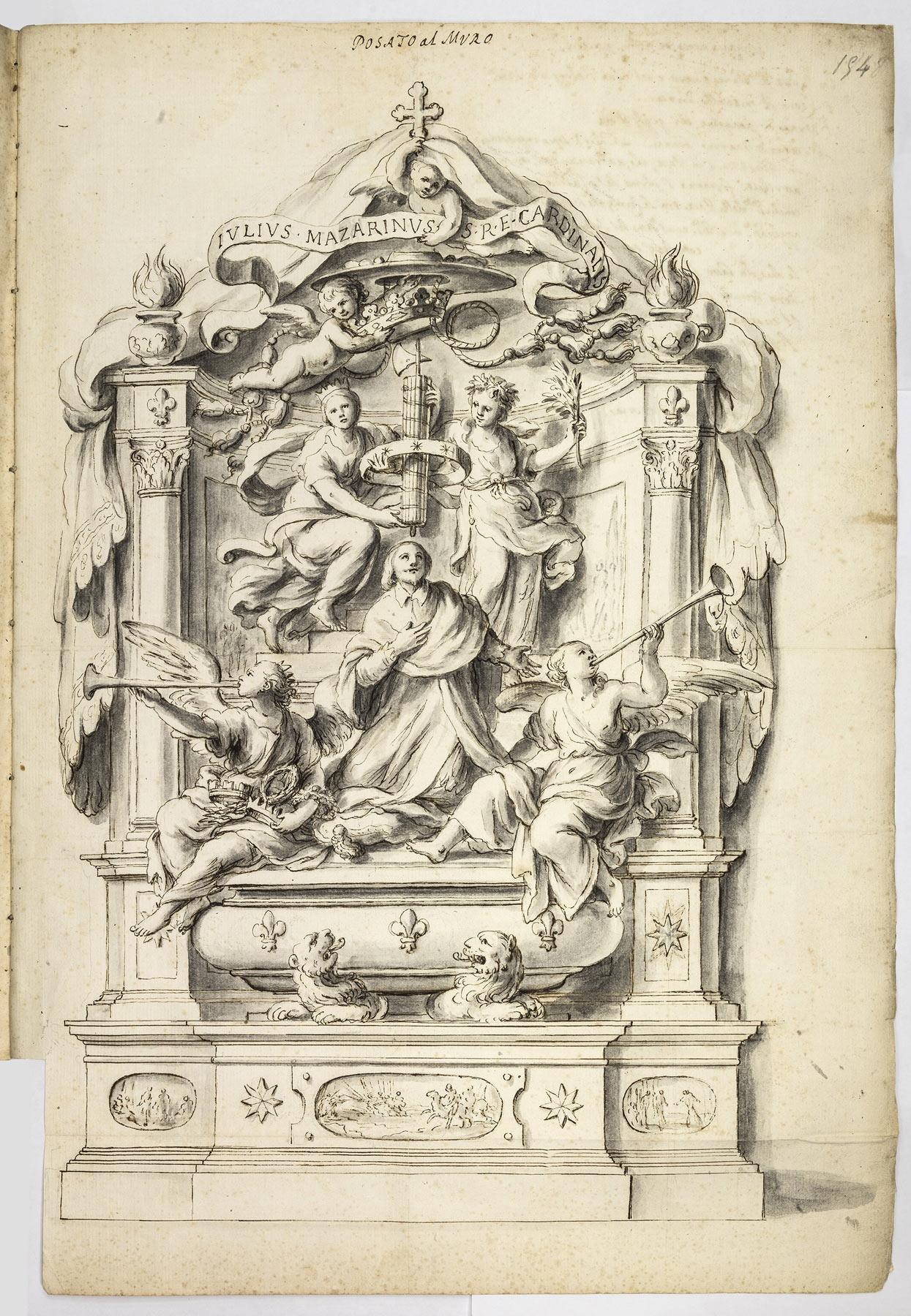 Elpidio Benedetti e Plautilla Bricci, Progetto per un monumento funebre del cardinale Giulio Mazzarino (1657; penna e inchiostro bruno, acquerello grigio su carta, 500 x 390 mm; Torino, Biblioteca Nazionale Universitaria, Album Valperga)
