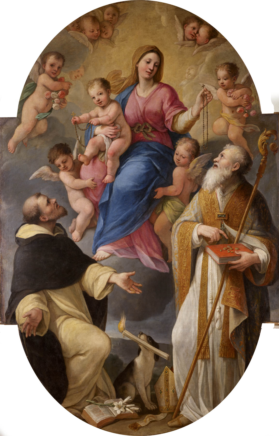 Plautilla Bricci, Madonna del Rosario con i santi Domenico e Liborio (1683-1687 circa; olio su tela centinata, 278,5 x180 cm; Poggio Mirteto, chiesa di Santa Maria Assunta)
