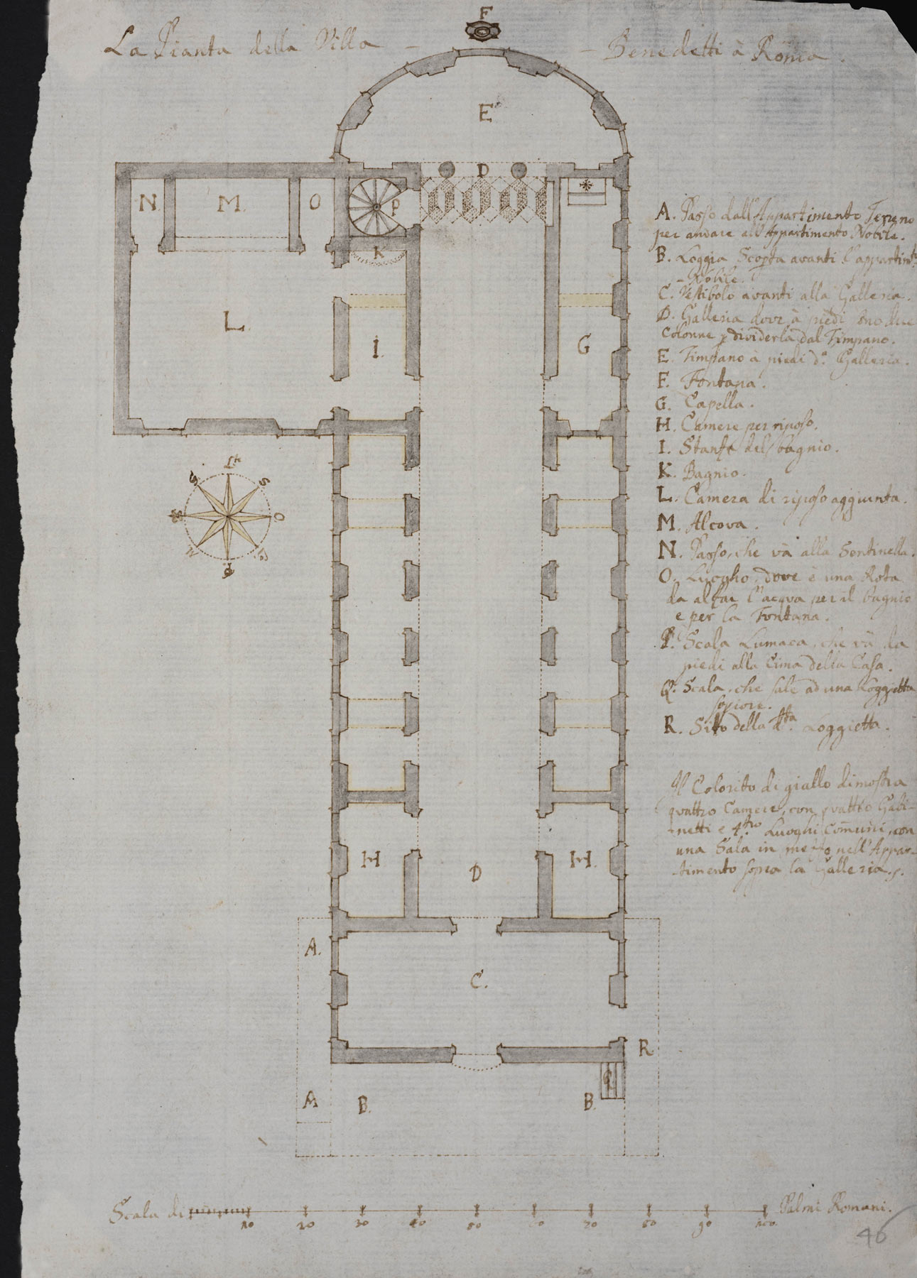 Plautilla Bricci, La pianta della Villa Benedetti a Roma, detta il Vascello (1664; penna, inchiostro bruno, acquerello grigio, giallo e arancione su carta, 268 x 189 mm; Collezione privata)
