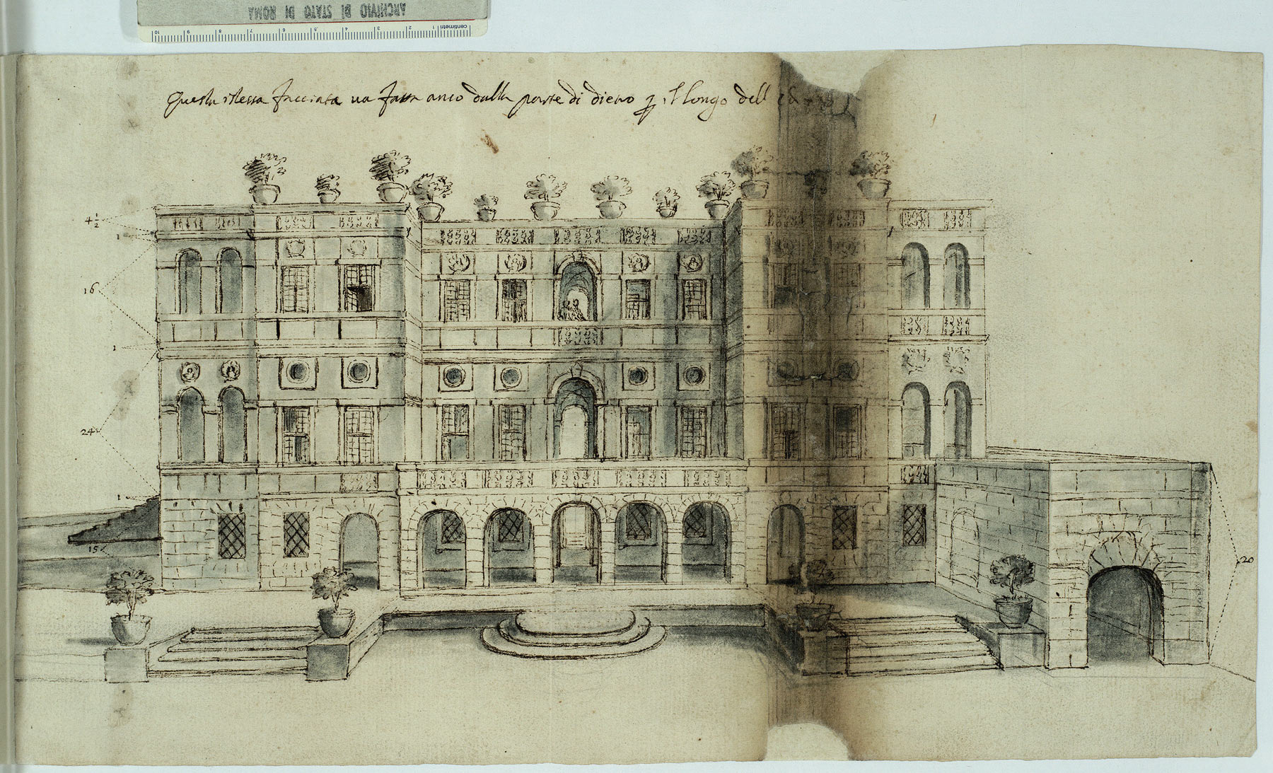 Plautilla Bricci, Progetto per la Villa Benedetta, detta il Vascello (1663; penna e inchiostro bruno, acquerello grigio su carta chiara; Roma, Archivio di Stato, Trenta Notai Capitolini, Uff. 29, vol. 182)
