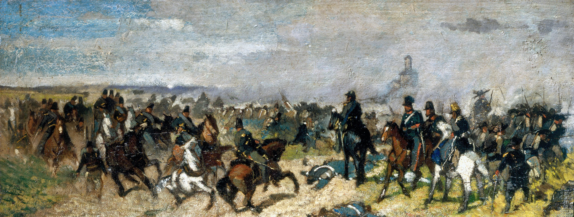 Giovanni Fattori, studio per L’assalto alla Madonna della Scoperta (1866-1867; olio su tavola, 24 x 57 cm; Viareggio, Istituto Matteucci)
