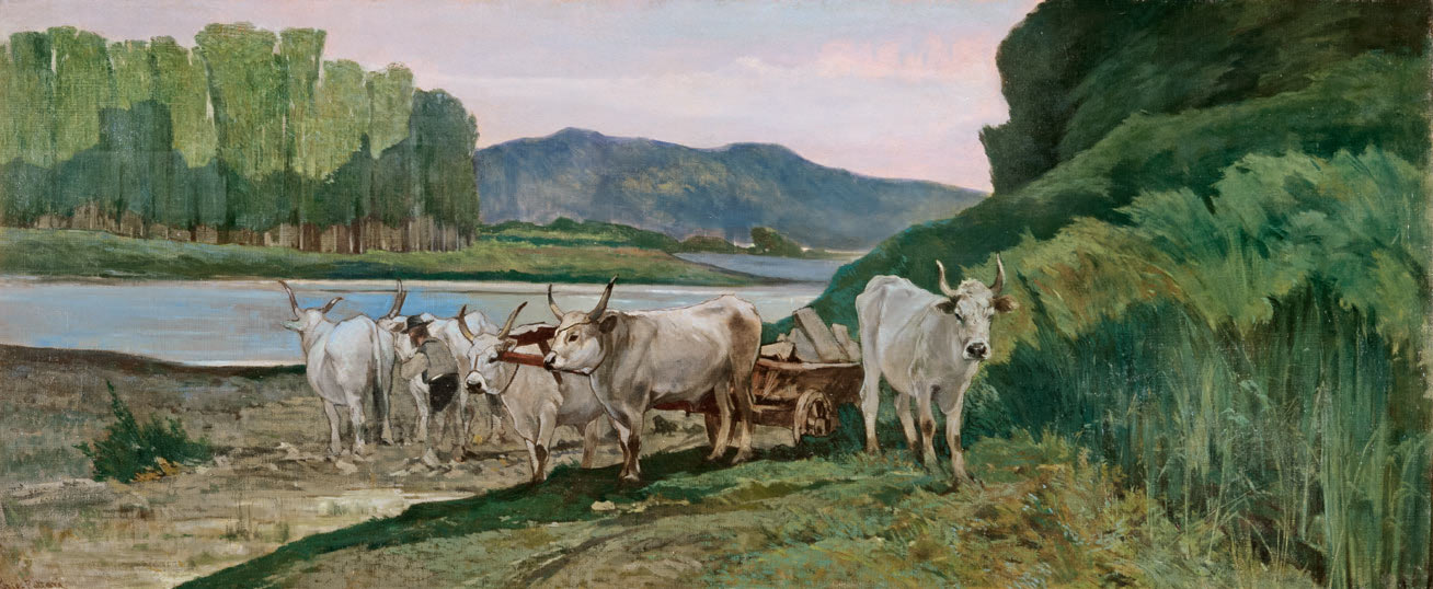 Giovanni Fattori, Buoi e bifolco in riva all’Arno (1870-1875; olio su tela, 43,8 x 104,8 cm; Genova, Raccolte Frugone, Musei di Nervi)
