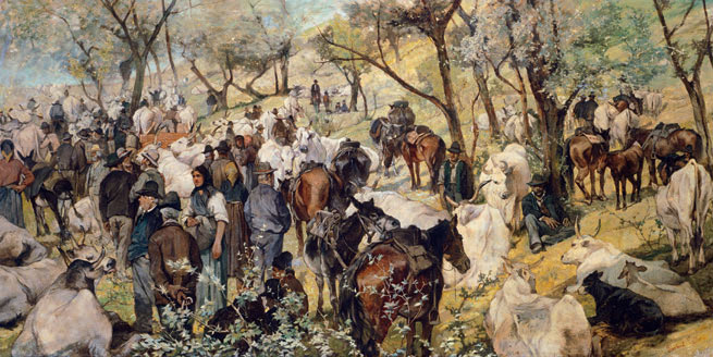 Giovanni Fattori, Mercato a San Godenzo (1882 circa; olio su tela, 91 x 176 cm; Firenze, Gallerie degli Uffizi, Galleria d’Arte Moderna di Palazzo Pitti)
