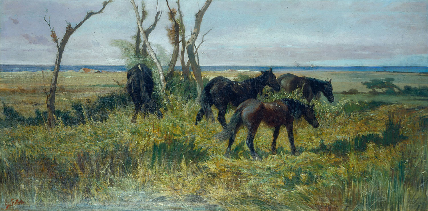 Giovanni Fattori, Pastura maremmana (Cavalli al pascolo) (1872 circa; olio su tela, 88 x 176 cm; Viareggio, Istituto Matteucci)
