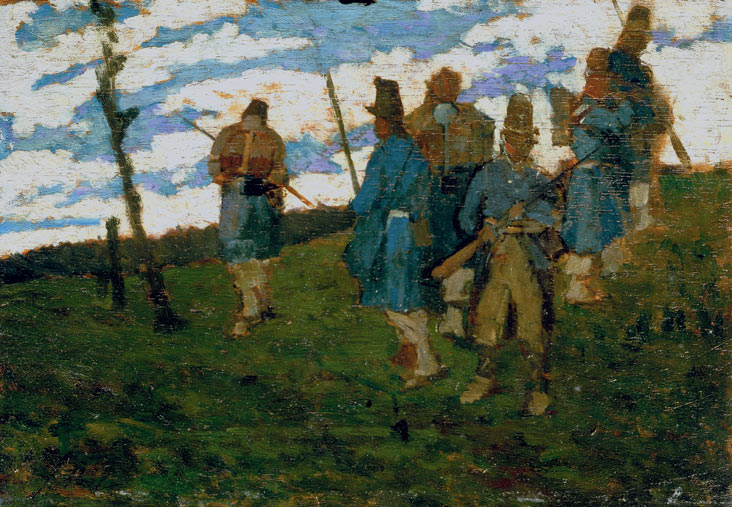 Giovanni Fattori Soldati del ’59 (1859 circa; olio su tavola, 18 x 26 cm; Viareggio, Istituto Matteucci)
