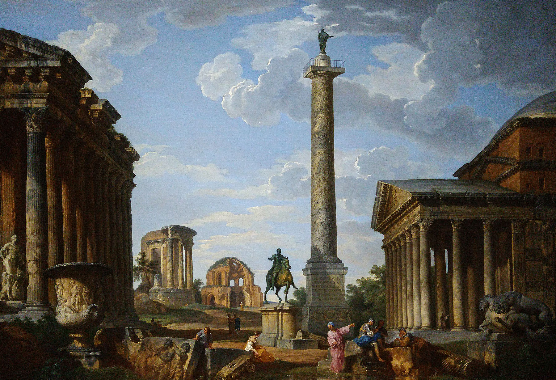 Giovanni Paolo Pannini, Veduta ideale con il Pantheon, la Colonna Antonina, la statua equestre di Marco Aurelio e altri monumenti romani (1734; olio su tela, 98 x 135 cm; Londra, Collezione Ugo e Chiara Pierucci)
