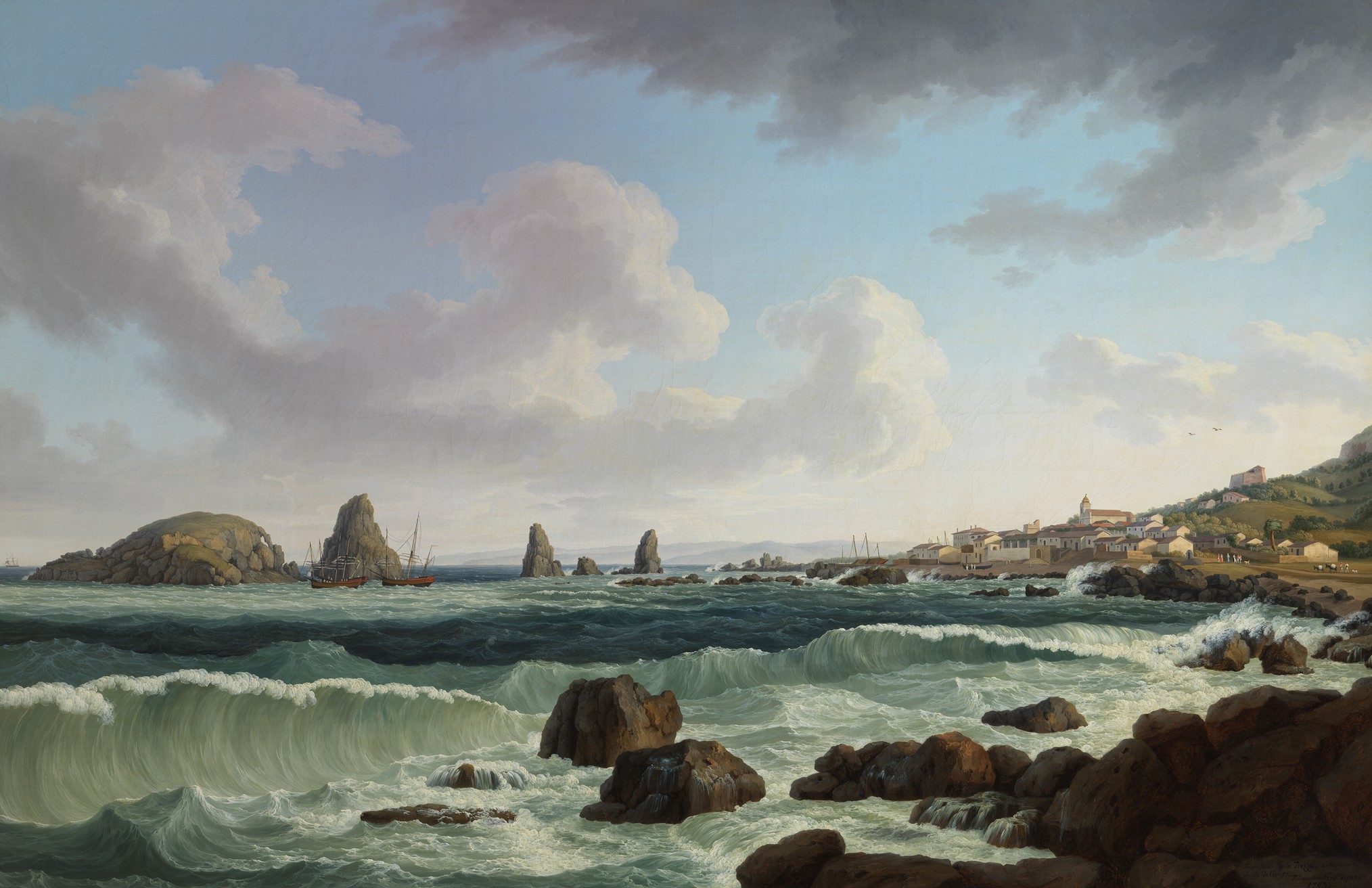 Jakob Philipp Hackert, I faraglioni di Aci Trezza (1793; olio su tela, 143 x 218 cm; Caserta, Reggia di Caserta)
