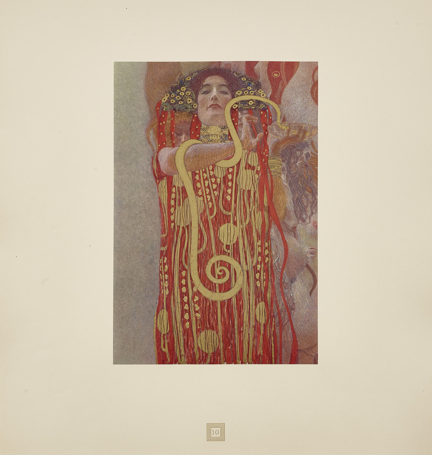 Gustav Klimt, Hygieia, particolare del quadro della facoltà La Medicina, collotipia a colori dal portfolio Gustav Klimt. Eine Nachlese, a cura di Max Eisler, stampato e pubblicato dalla Tipografia di Stato, Wien 1931 (1900-1907; collotipia su carta, 481 × 455 mm; Vienna, Klimt Foundation, inv. S165)
