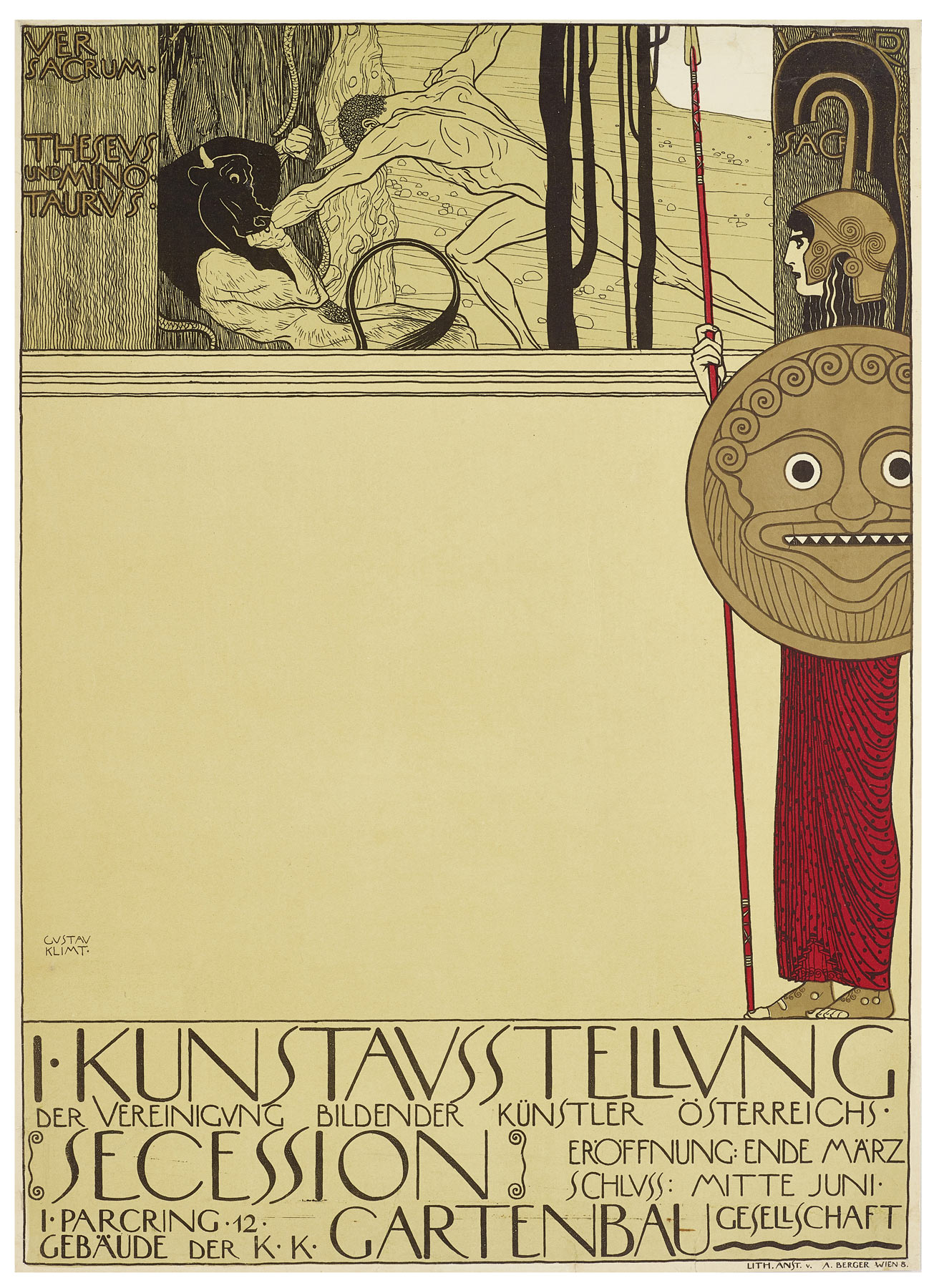 Gustav Klimt, Manifesto per la I Mostra della Secessione (26.03.1898-20.06.1898), dopo la censura (1898; litografia a colori su carta, 63,8 x 46,1 cm; Vienna, Klimt Foundation, inv. S125)
