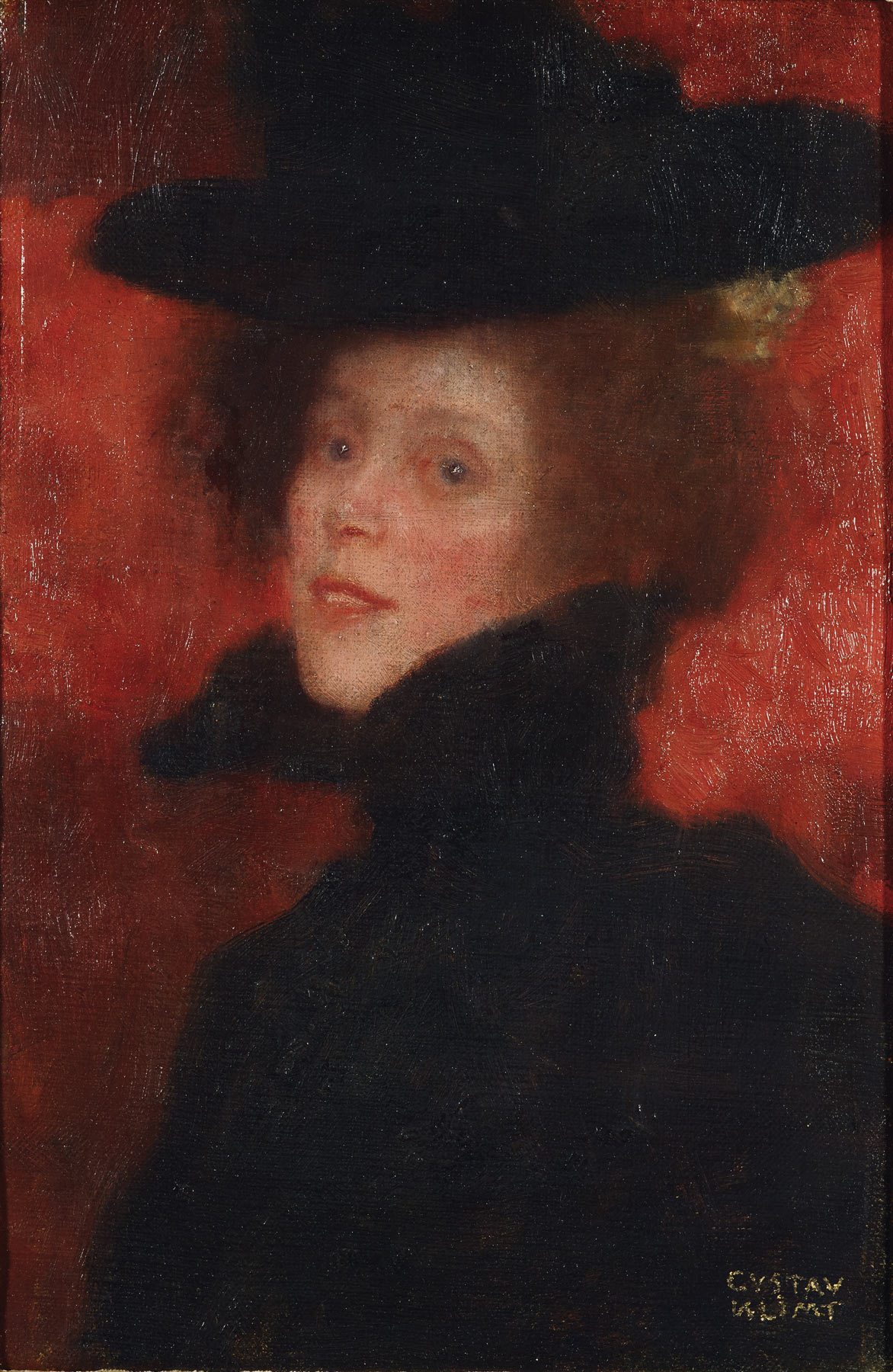 Gustav Klimt, Signora con mantello e cappello su sfondo rosso (1897-1898; olio su tela, 30 × 19,5 cm; Vienna, Klimt Foundation, inv. S1)
