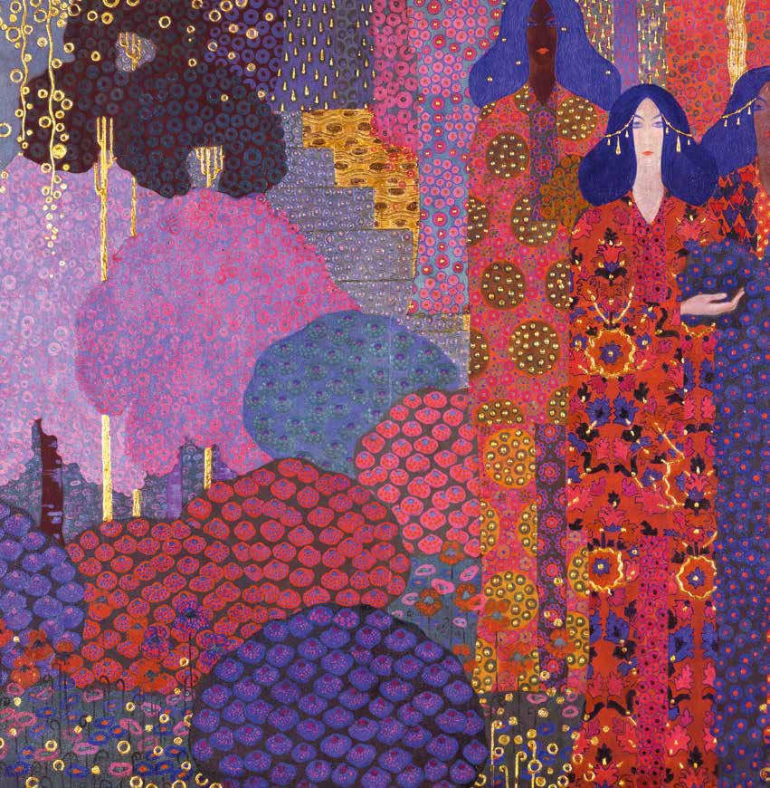 Vittorio Zecchin, Principesse nel giardino (1914; olio e oro su tela, 170,5 × 190 cm; Venezia, Fondazione Musei civici di Venezia, Galleria internazionale d’arte moderna di Ca’ Pesaro, inv. 3332)
