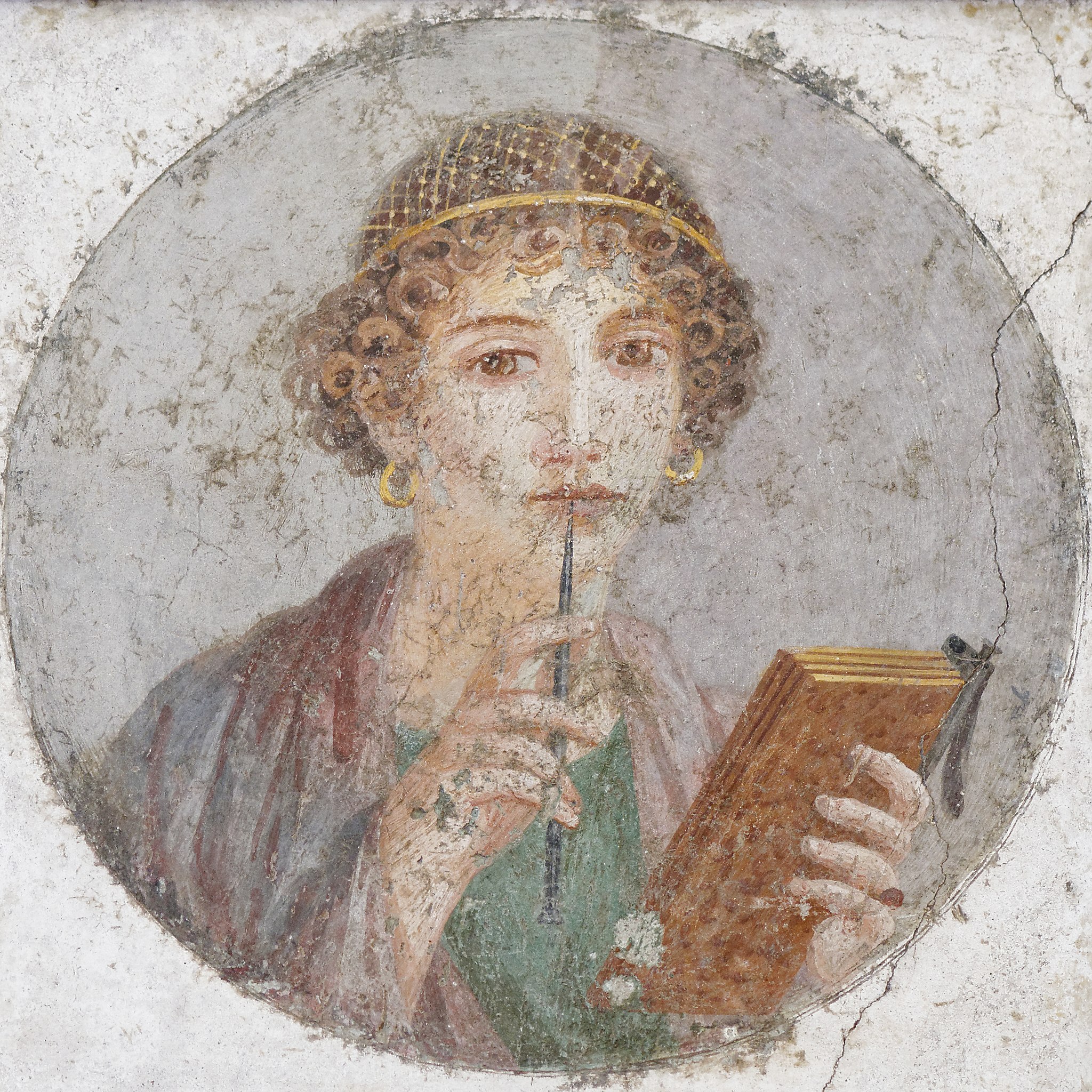 Donna con tavolette cerate e stilo, cosiddetta Saffo (55-79 d.C.; affresco staccato, 37 x 38 cm; Napoli, Museo Archeologico Nazionale)
