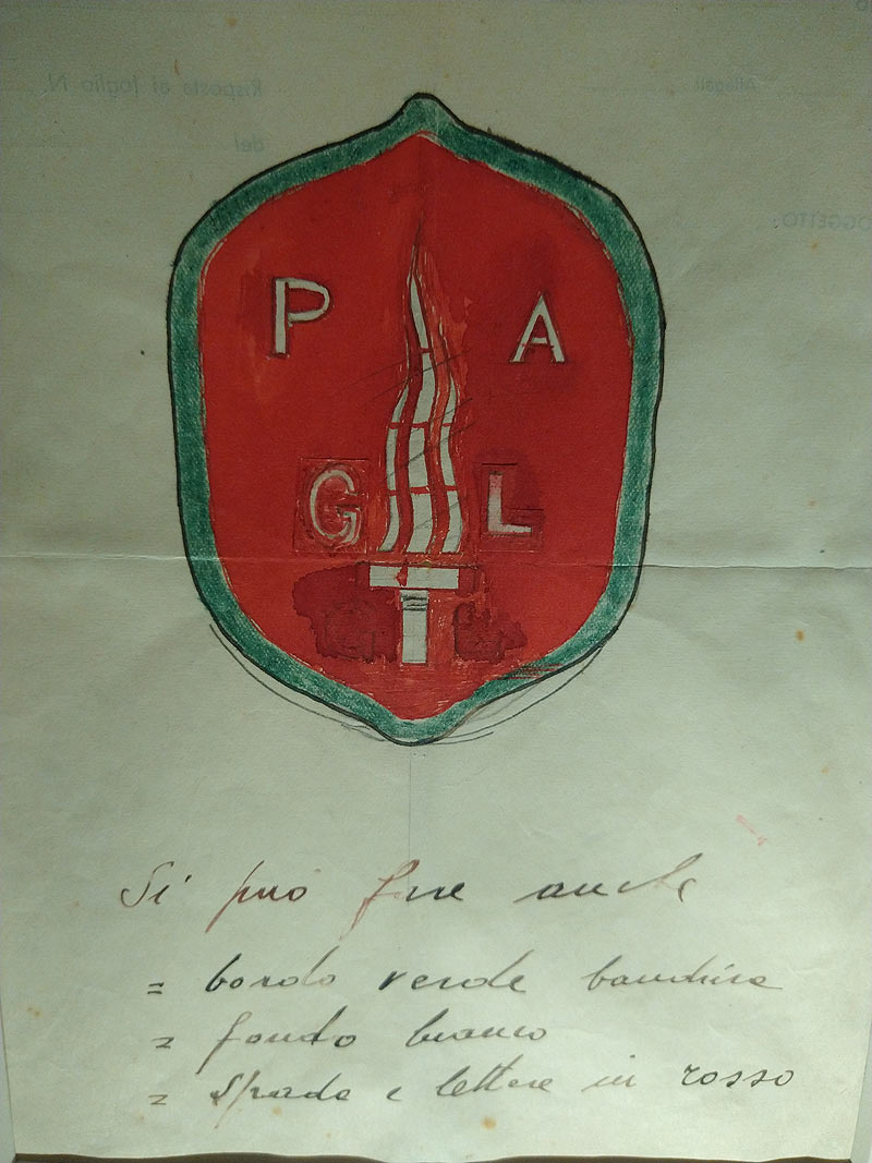 Carlo Levi, Bozzetto per emblema del Partito d'Azione (1944-1945; matita, inchiostro, matita verde, tempera su carta, 264 x 190 mm; Firenze, Gabinetto G.P. Viesseux)
