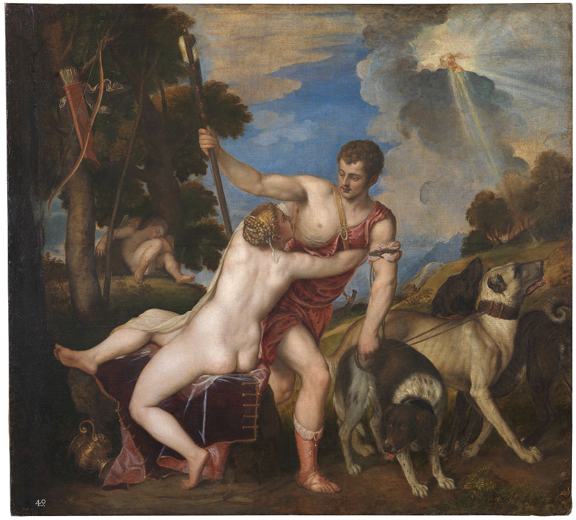 Tiziano, Venere e Adone (1554; olio su tela, 186 x 207 cm; Madrid, Prado)
 Tiziano, Venere e Adone (1554; olio su tela, 186 x 207 cm; Madrid, Prado)