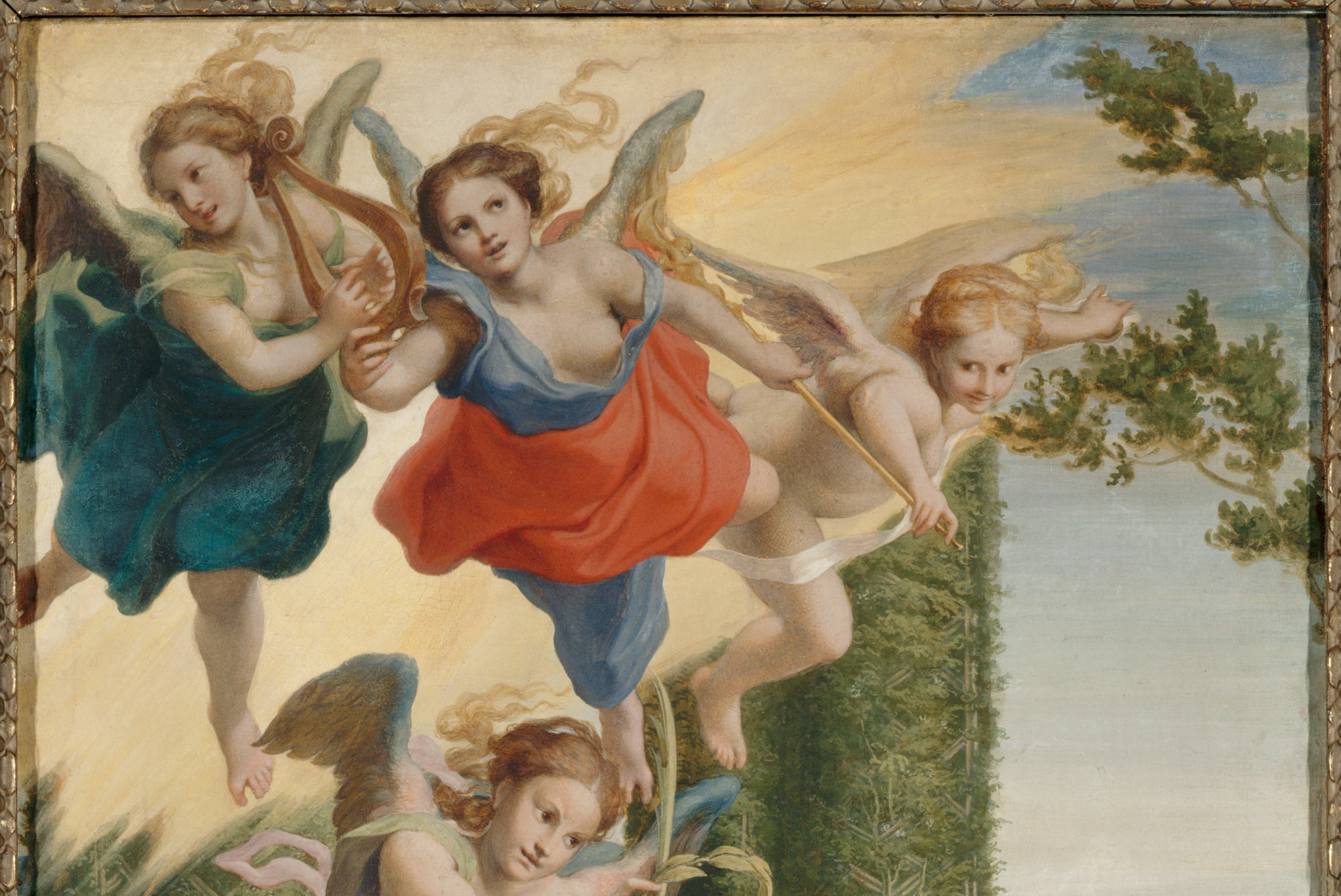 Correggio, Allegoria della Sapienza o Virtù, Parte superiore. Il magnifico volo delle tre Virtù teologali, schierate ad infondere il massimo stadio di elevazione a cui può attingere la mente umana
